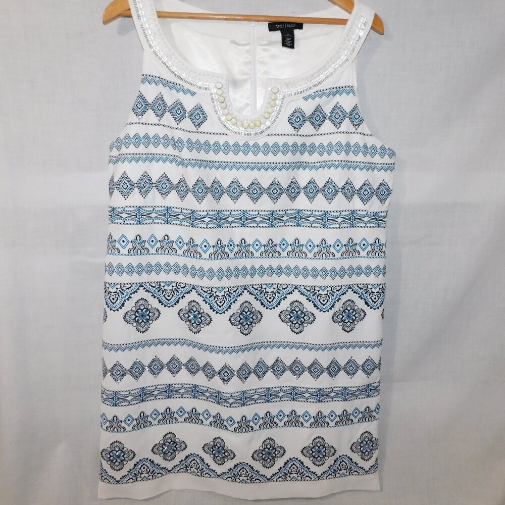 WHBM White Blue Black Beaded embroidered halter knee length Dress Womens 16